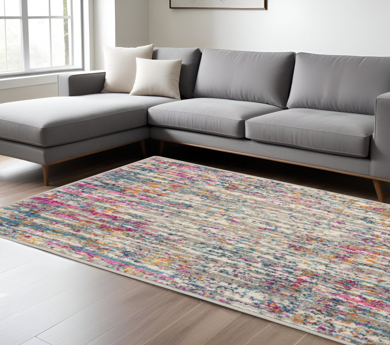 7' X 10' Ivory And Blue Abstract Area Rug-Area Rugs-DECOROLALA