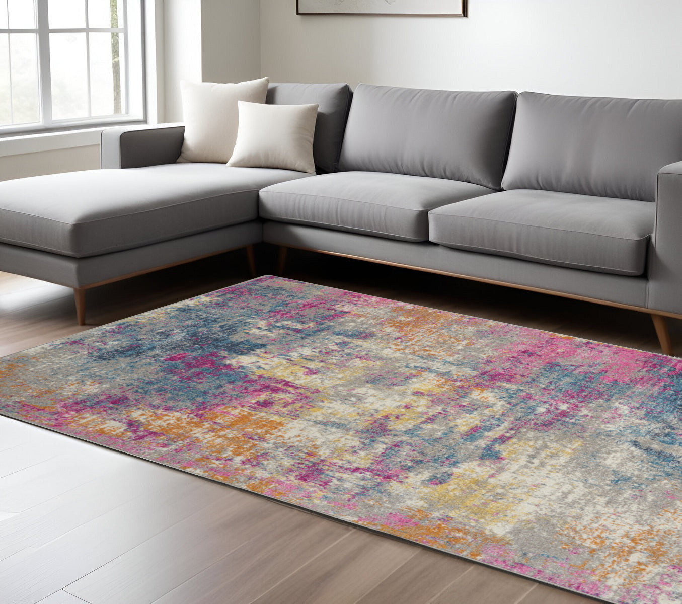 7' X 10' Ivory And Blue Abstract Area Rug-Area Rugs-DECOROLALA