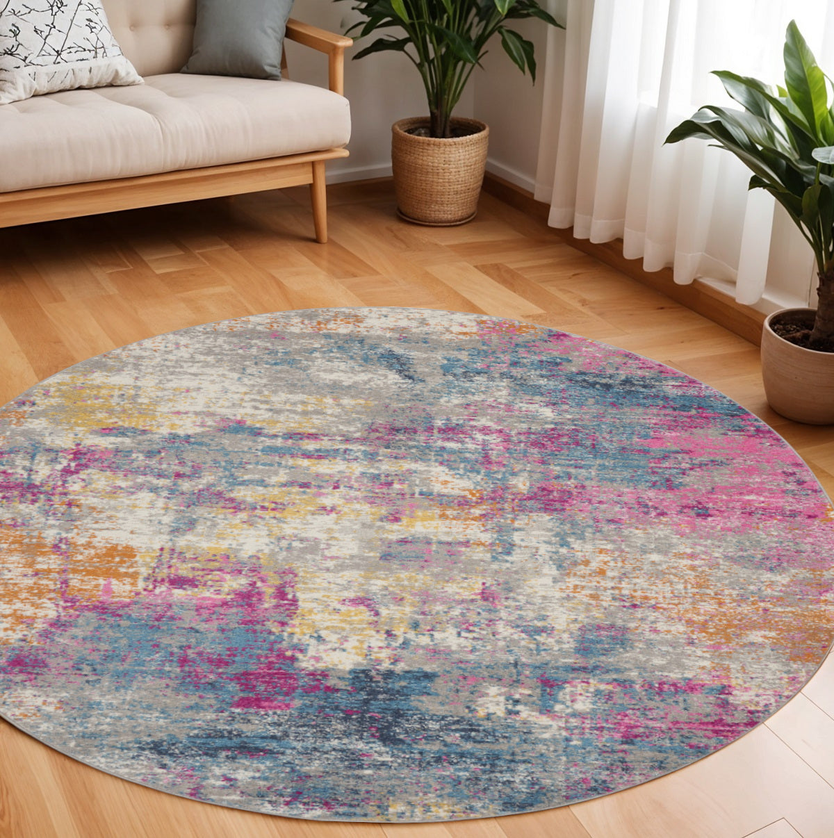 7' X 10' Ivory And Blue Abstract Area Rug-Area Rugs-DECOROLALA