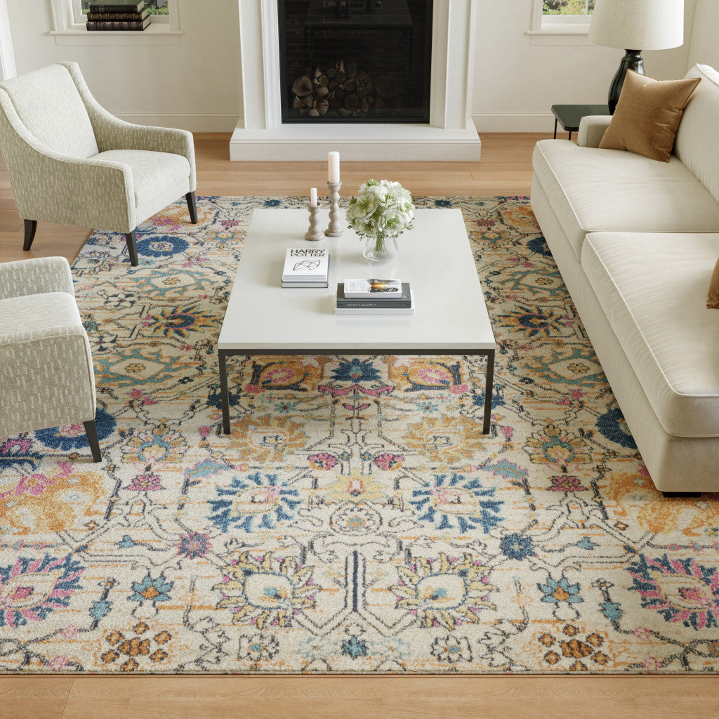7' X 10' Ivory And Blue Floral Area Rug-Area Rugs-DECOROLALA