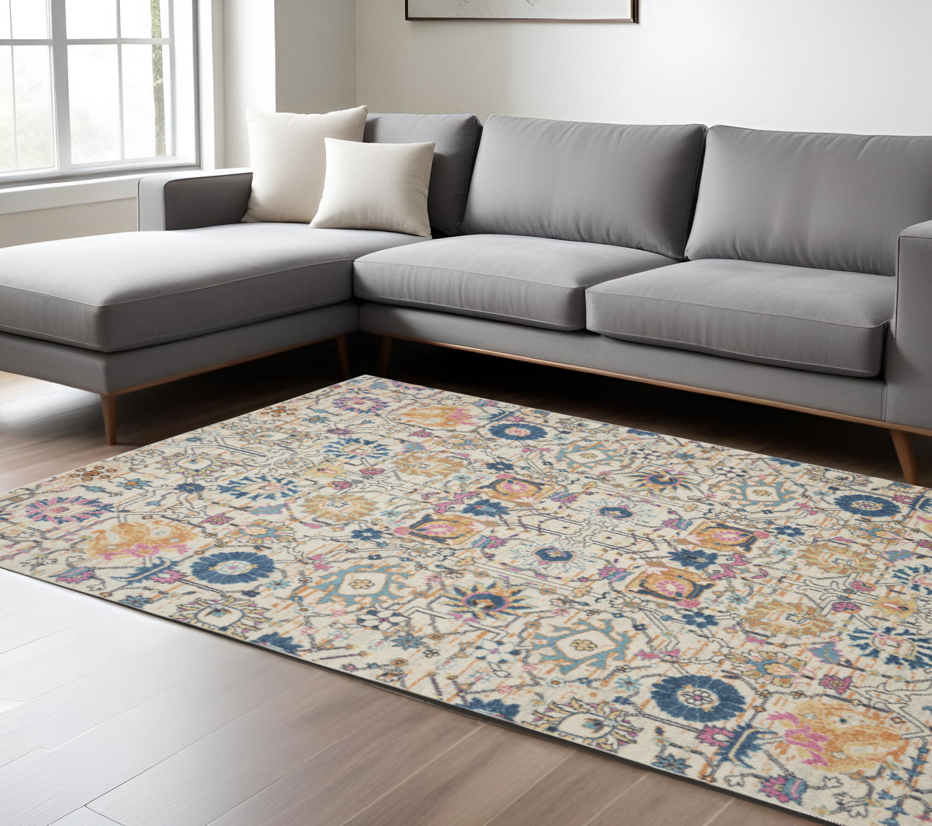 7' X 10' Ivory And Blue Floral Area Rug-Area Rugs-DECOROLALA