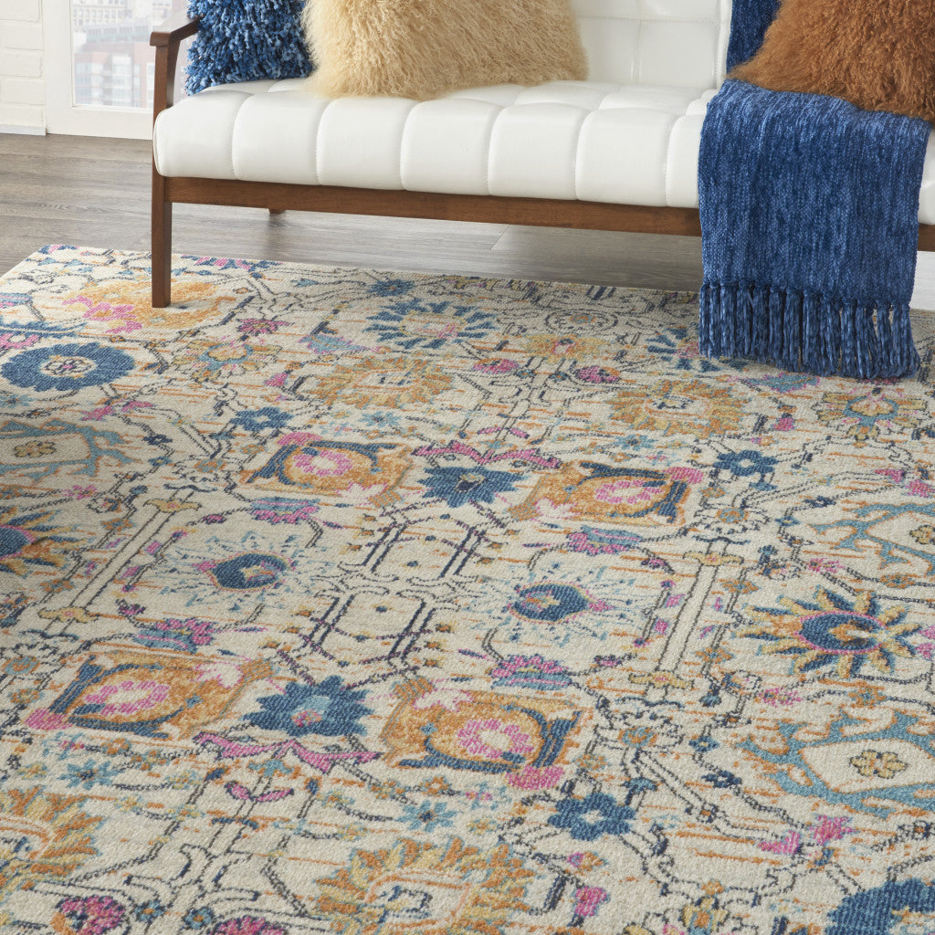 7' X 10' Ivory And Blue Floral Area Rug-Area Rugs-DECOROLALA