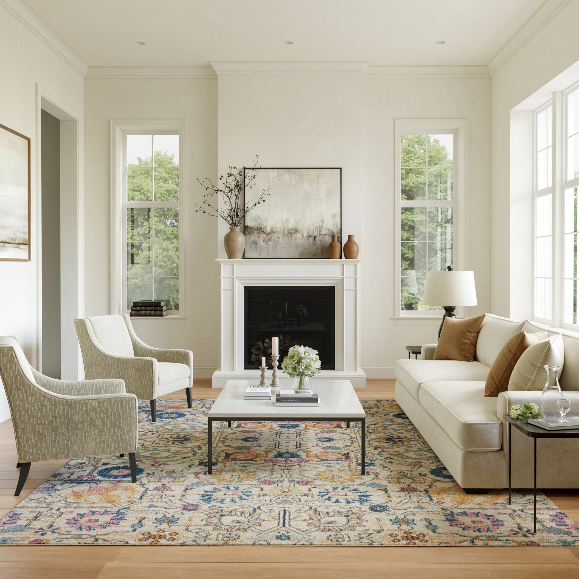 7' X 10' Ivory And Blue Floral Area Rug-Area Rugs-DECOROLALA