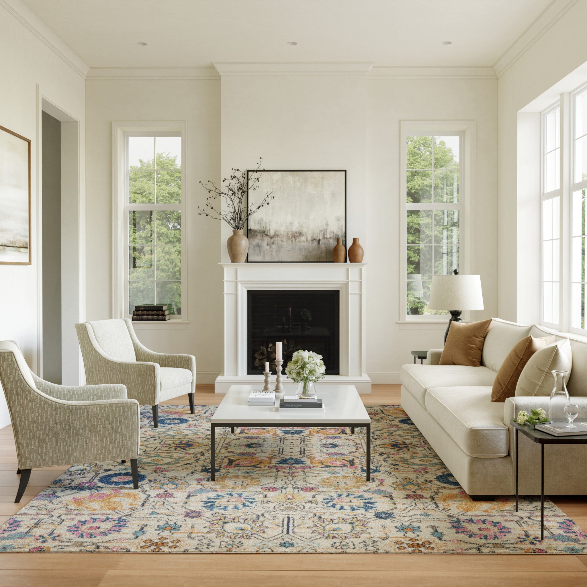 7' X 10' Ivory And Blue Floral Area Rug-Area Rugs-DECOROLALA