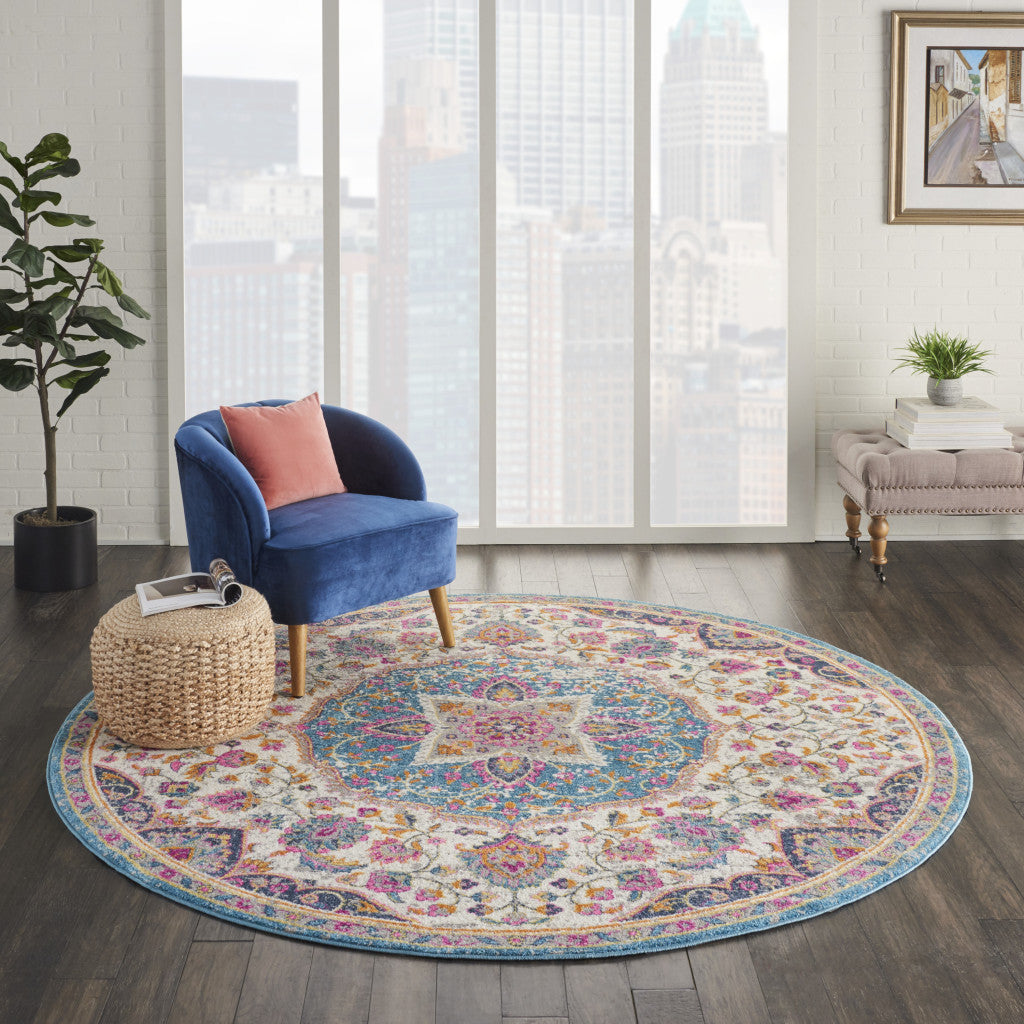 7' X 10' Ivory And Blue Medallion Area Rug-Area Rugs-DECOROLALA
