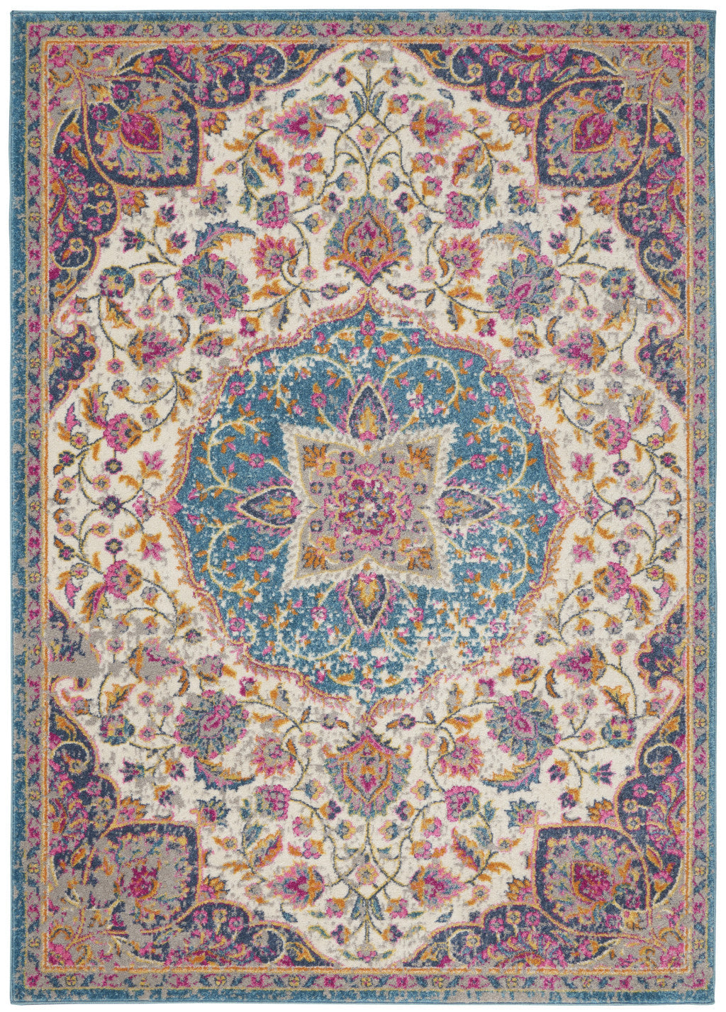 7' X 10' Ivory And Blue Medallion Area Rug-Area Rugs-DECOROLALA