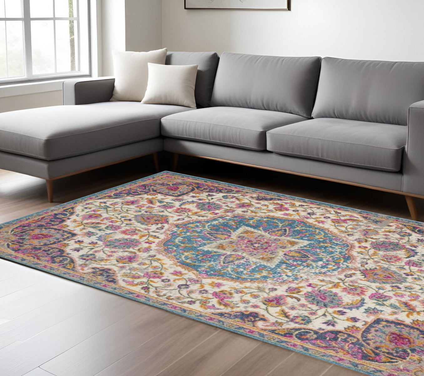 7' X 10' Ivory And Blue Medallion Area Rug-Area Rugs-DECOROLALA