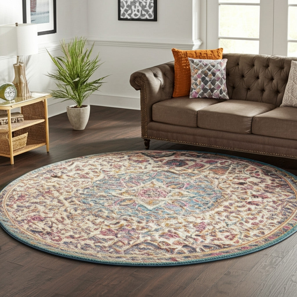 7' X 10' Ivory And Blue Medallion Area Rug-Area Rugs-DECOROLALA