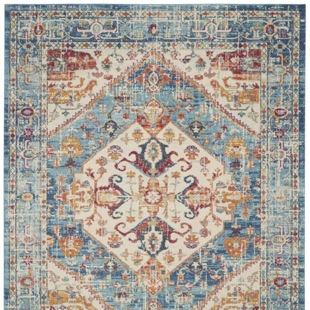 7' X 10' Ivory And Blue Oriental Distressed Area Rug-Area Rugs-DECOROLALA