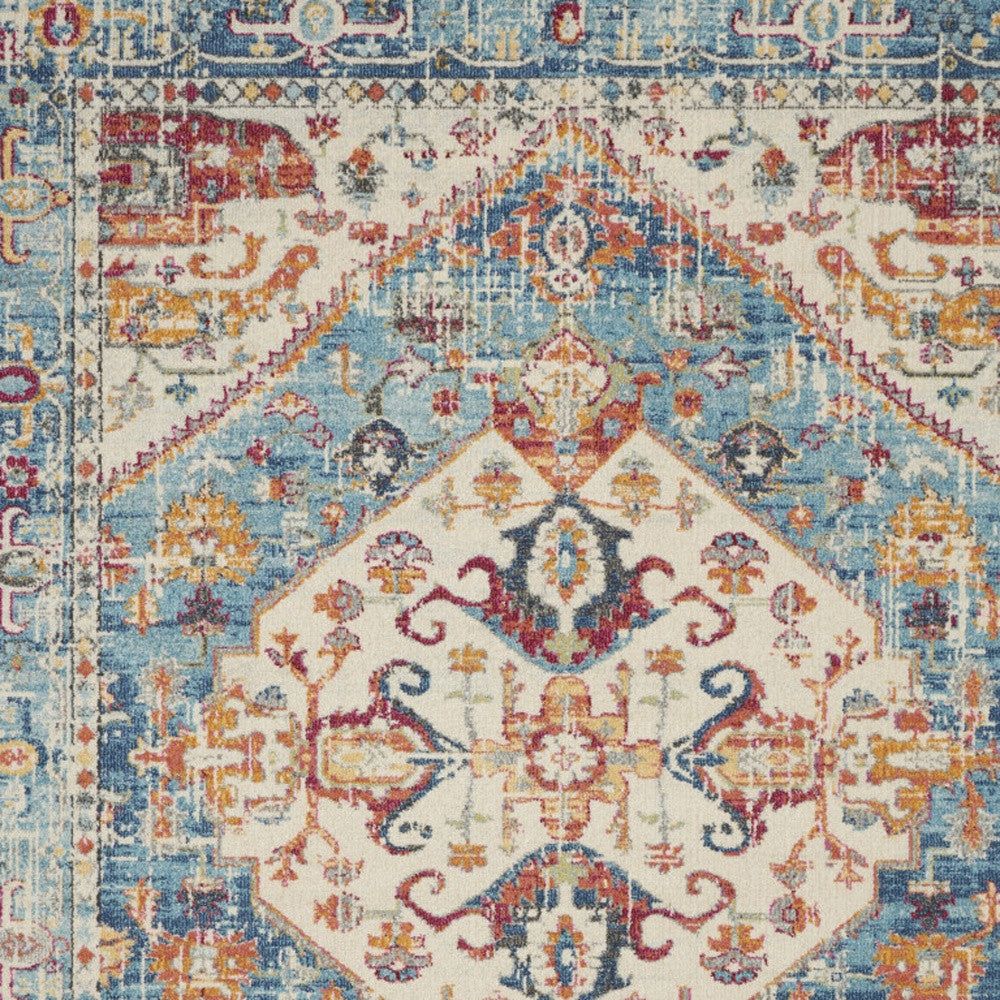7' X 10' Ivory And Blue Oriental Distressed Area Rug-Area Rugs-DECOROLALA