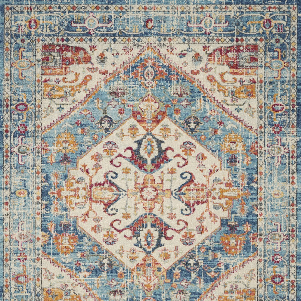 7' X 10' Ivory And Blue Oriental Distressed Area Rug-Area Rugs-DECOROLALA