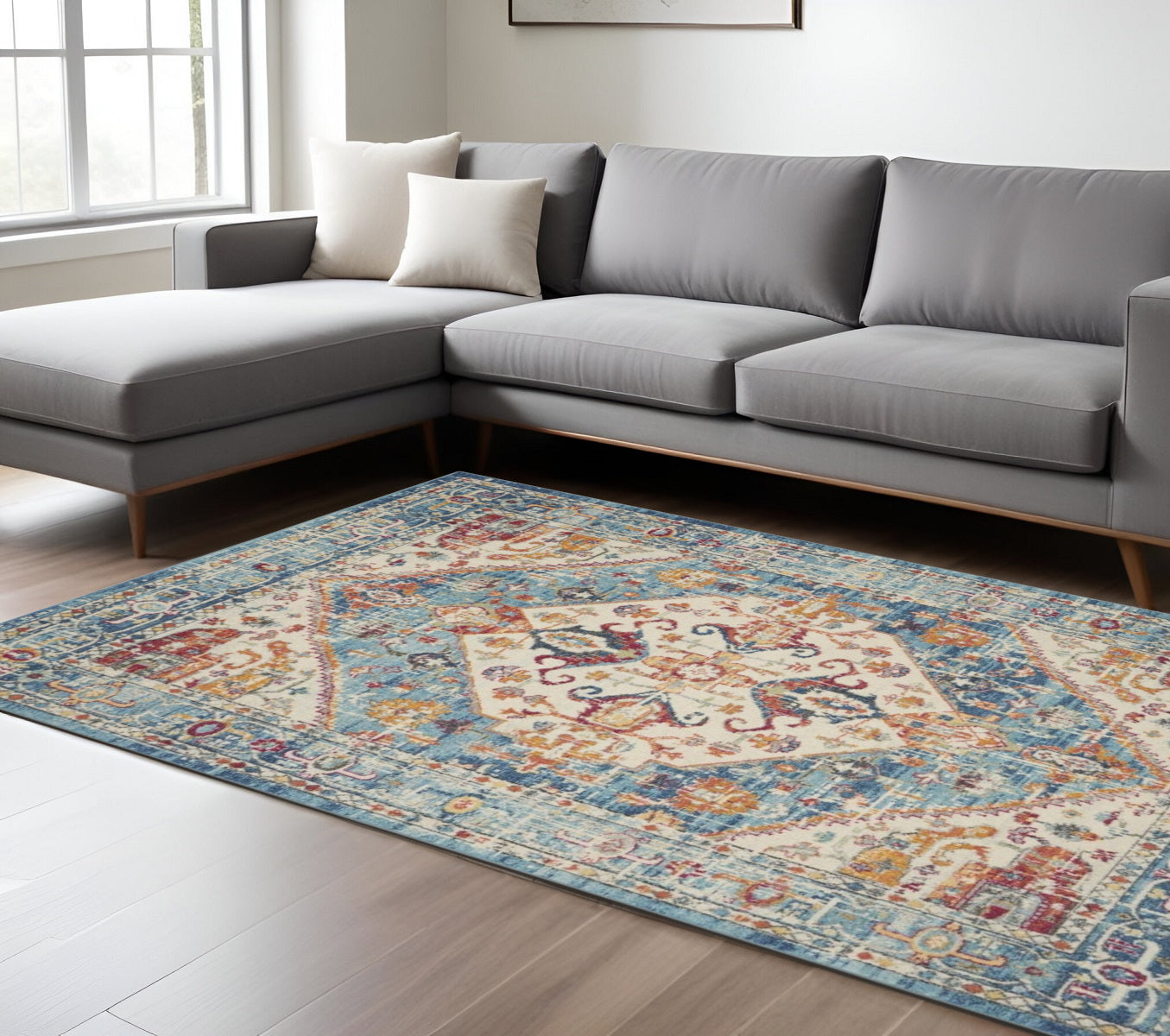 7' X 10' Ivory And Blue Oriental Distressed Area Rug-Area Rugs-DECOROLALA