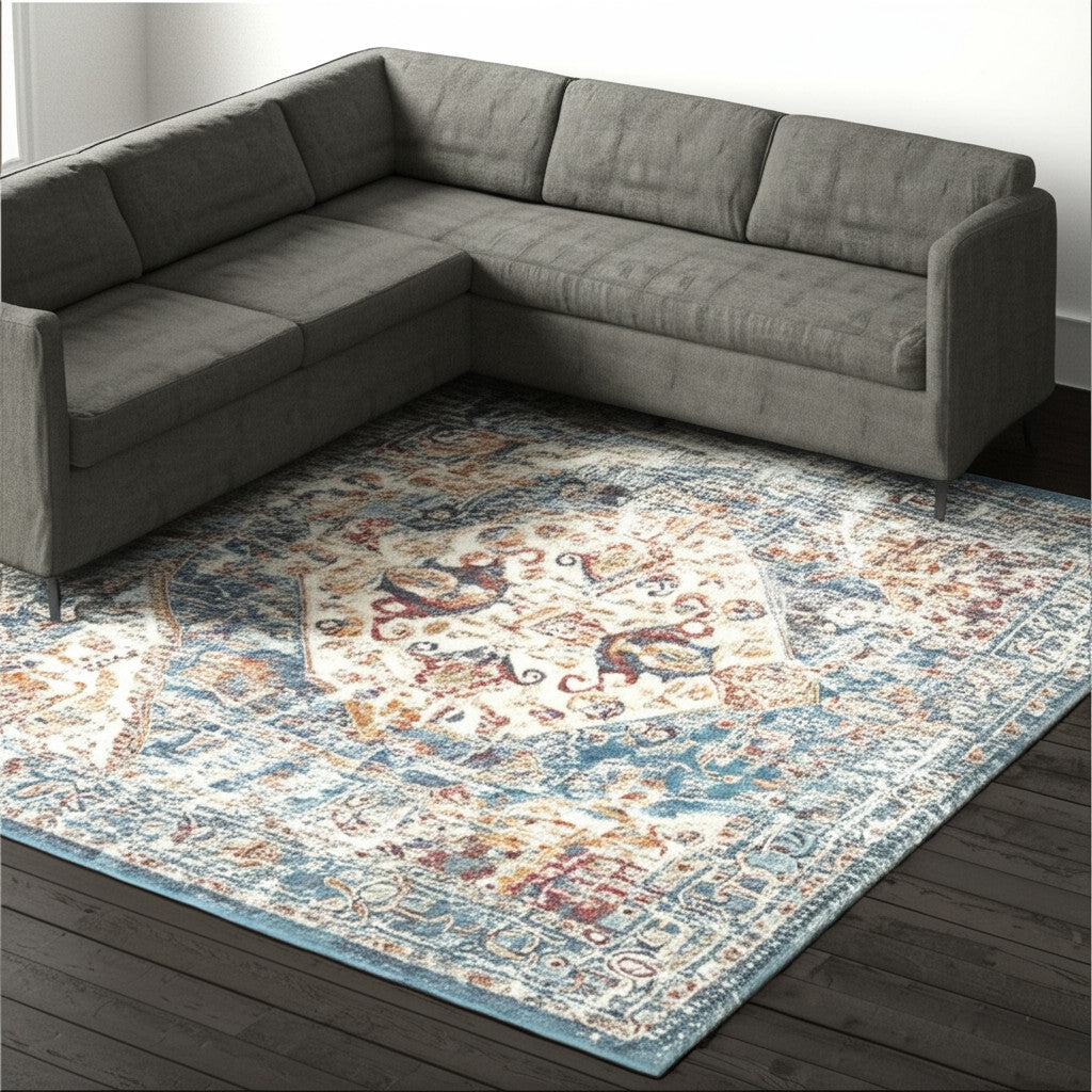 7' X 10' Ivory And Blue Oriental Distressed Area Rug-Area Rugs-DECOROLALA