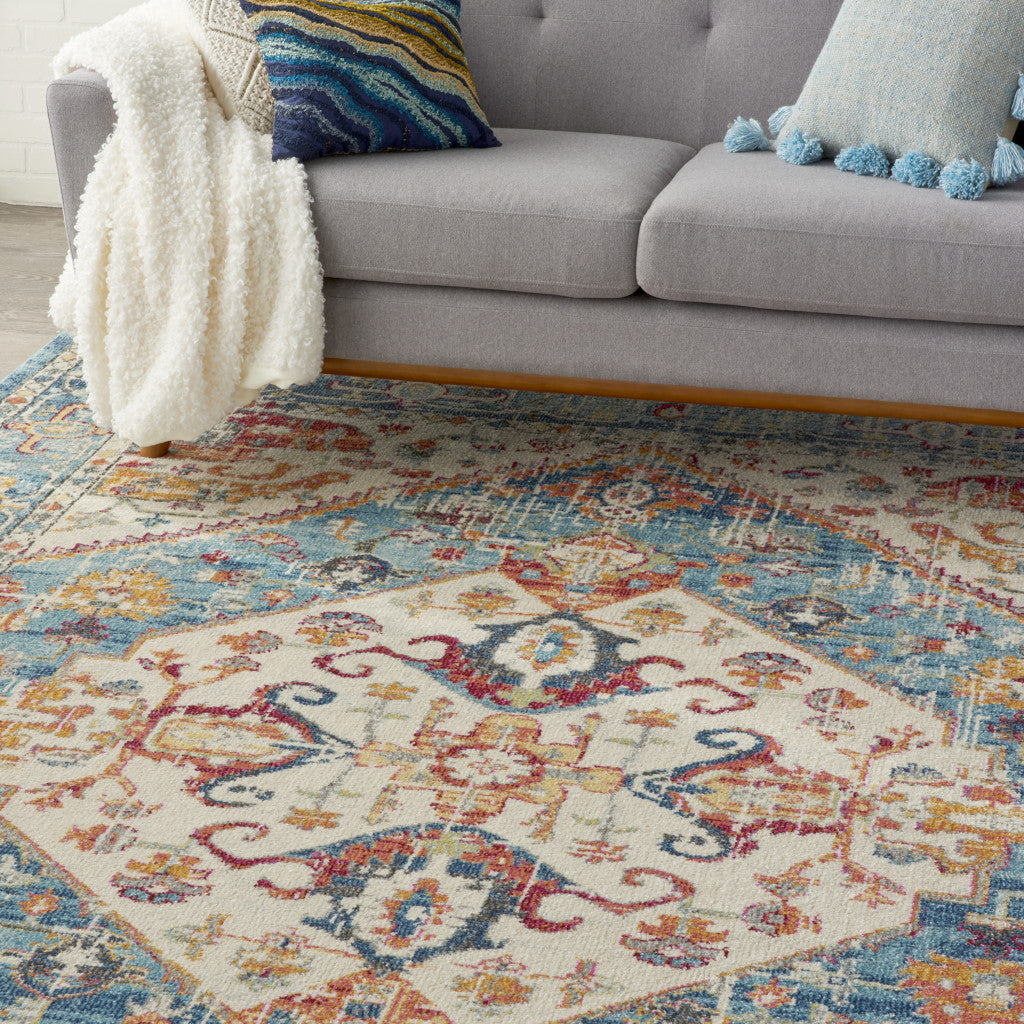 7' X 10' Ivory And Blue Oriental Distressed Area Rug-Area Rugs-DECOROLALA