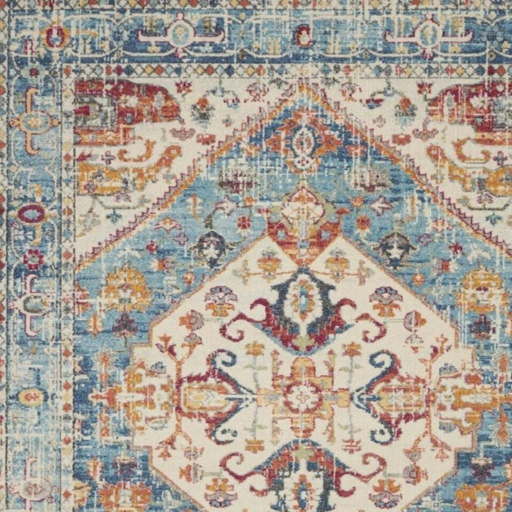 7' X 10' Ivory And Blue Oriental Distressed Area Rug-Area Rugs-DECOROLALA