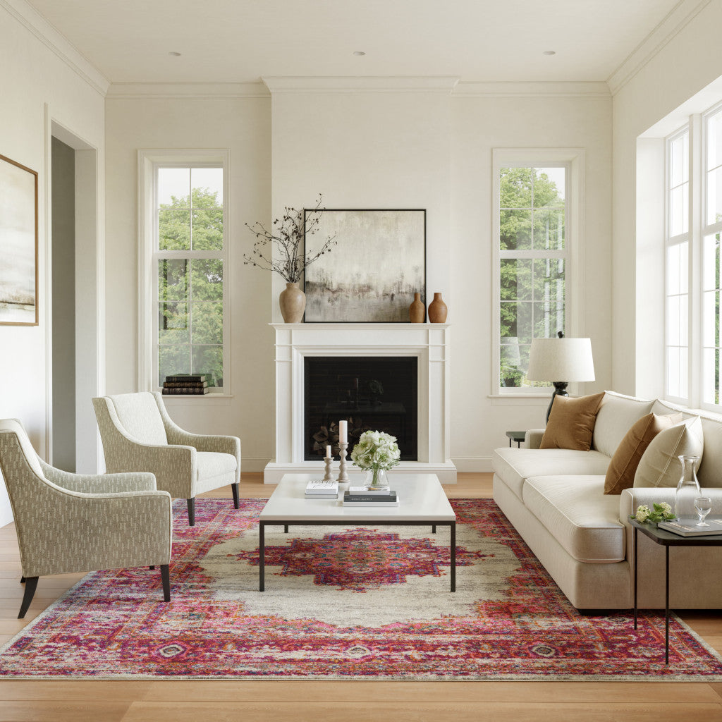 7' X 10' Ivory And Fuchsia Oriental Distressed Area Rug-Area Rugs-DECOROLALA