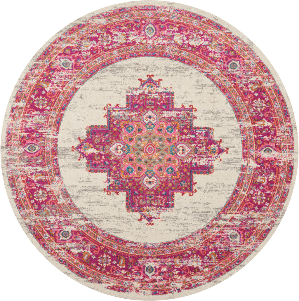 7' X 10' Ivory And Fuchsia Oriental Distressed Area Rug-Area Rugs-DECOROLALA