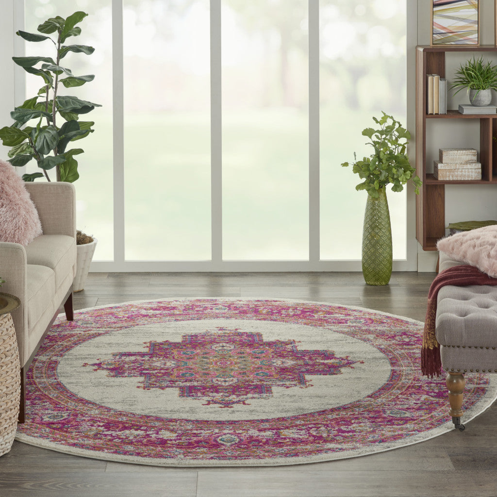 7' X 10' Ivory And Fuchsia Oriental Distressed Area Rug-Area Rugs-DECOROLALA