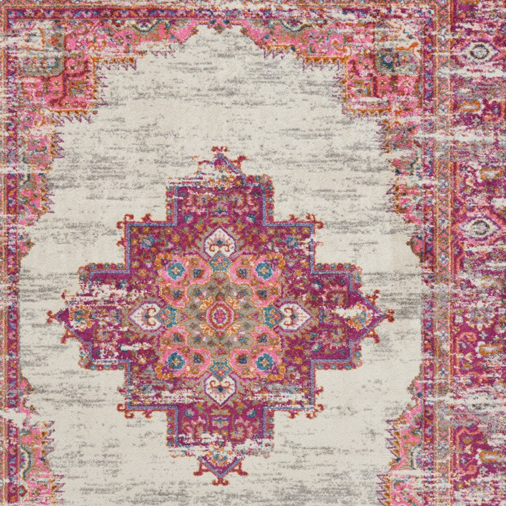 7' X 10' Ivory And Fuchsia Oriental Distressed Area Rug-Area Rugs-DECOROLALA