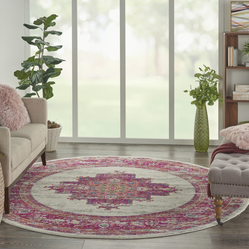 7' X 10' Ivory And Fuchsia Oriental Distressed Area Rug-Area Rugs-DECOROLALA