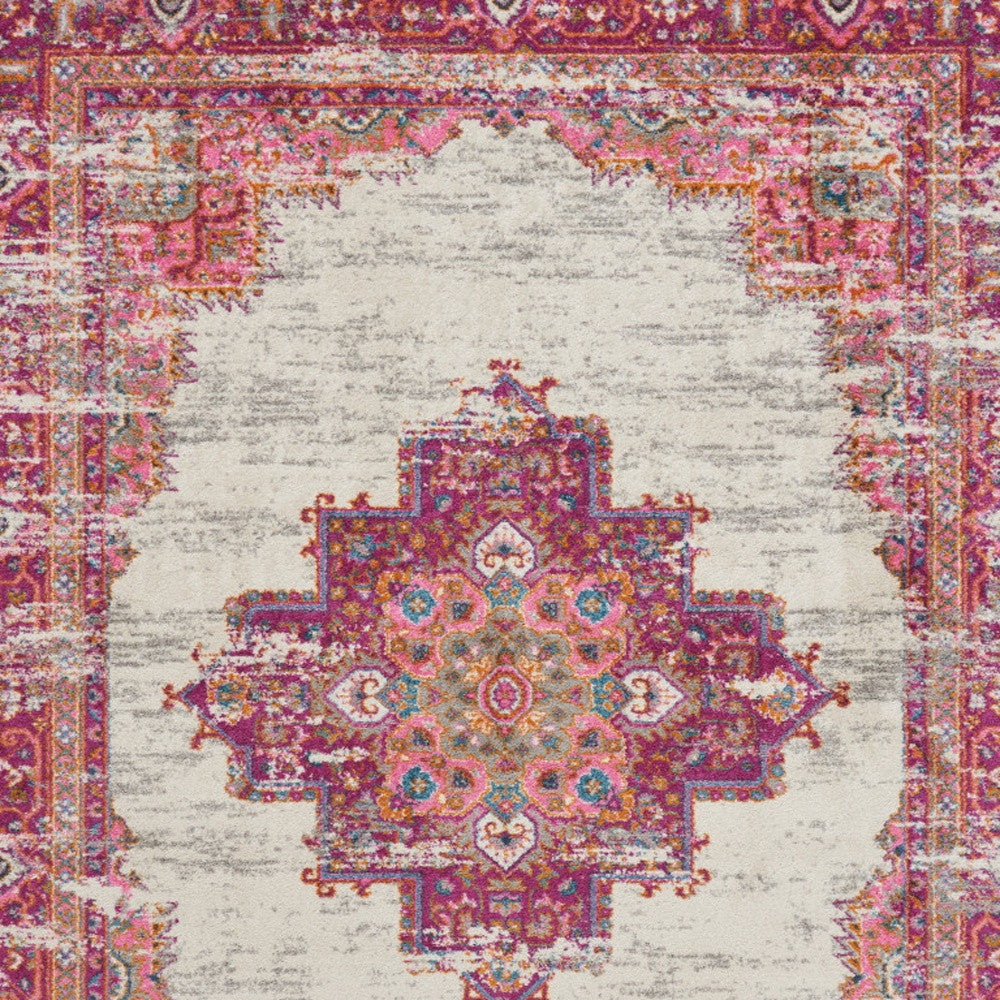 7' X 10' Ivory And Fuchsia Oriental Distressed Area Rug-Area Rugs-DECOROLALA
