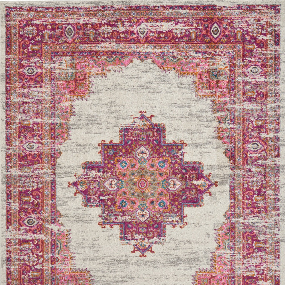 7' X 10' Ivory And Fuchsia Oriental Distressed Area Rug-Area Rugs-DECOROLALA