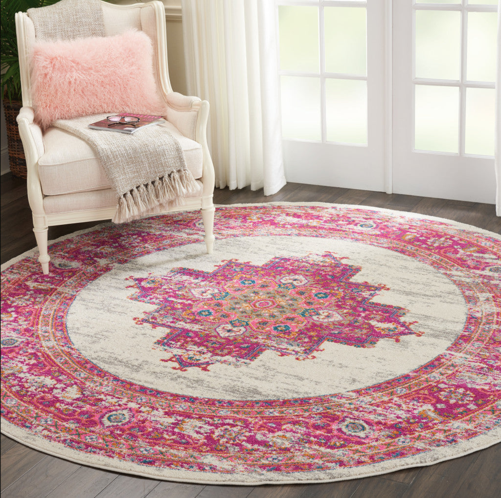 7' X 10' Ivory And Fuchsia Oriental Distressed Area Rug-Area Rugs-DECOROLALA