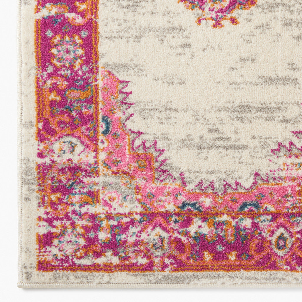 7' X 10' Ivory And Fuchsia Oriental Distressed Area Rug-Area Rugs-DECOROLALA