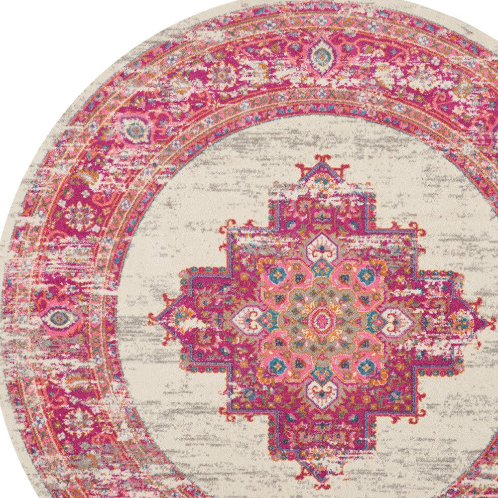 7' X 10' Ivory And Fuchsia Oriental Distressed Area Rug-Area Rugs-DECOROLALA