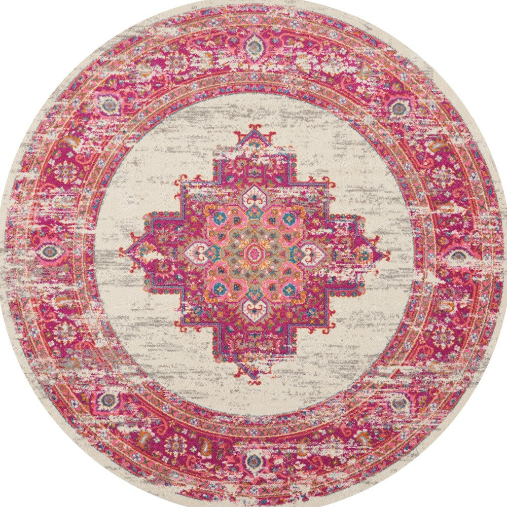 7' X 10' Ivory And Fuchsia Oriental Distressed Area Rug-Area Rugs-DECOROLALA