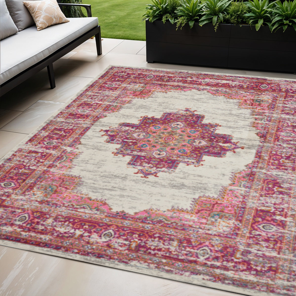 7' X 10' Ivory And Fuchsia Oriental Distressed Area Rug-Area Rugs-DECOROLALA