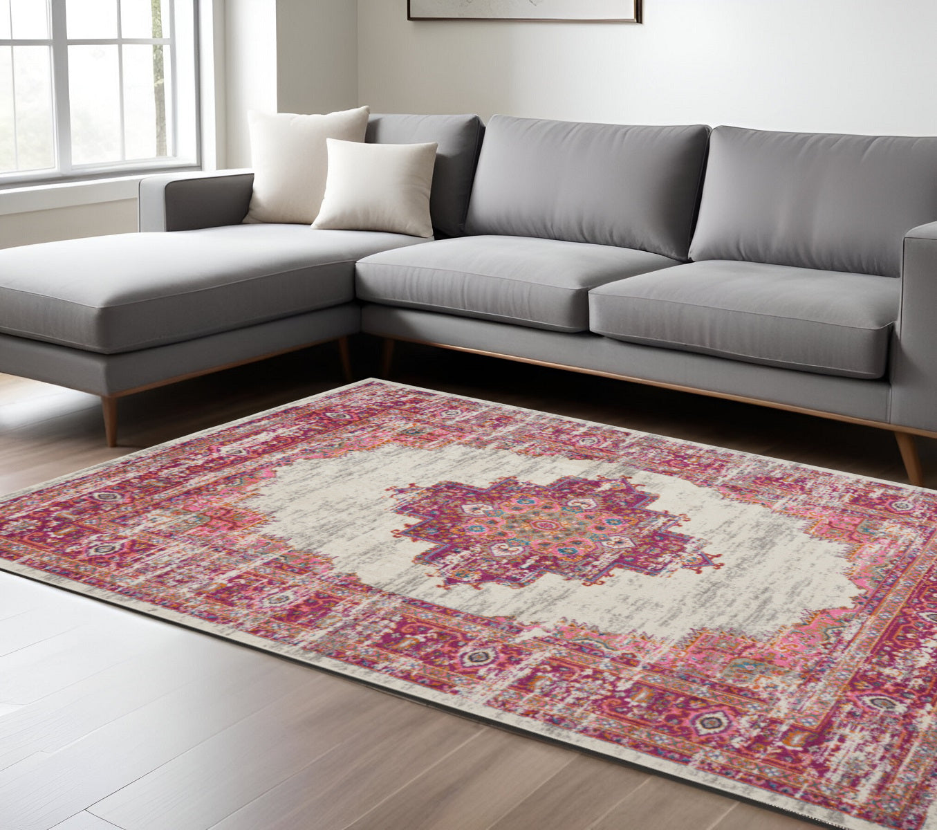 7' X 10' Ivory And Fuchsia Oriental Distressed Area Rug-Area Rugs-DECOROLALA