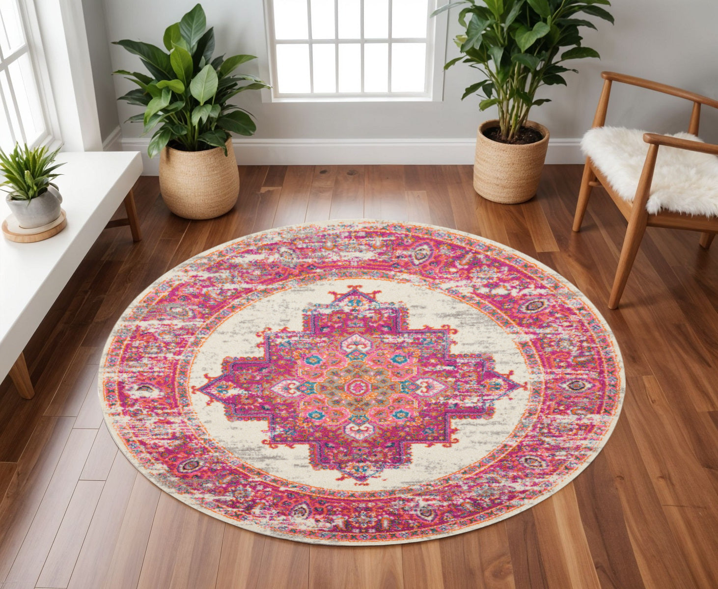 7' X 10' Ivory And Fuchsia Oriental Distressed Area Rug-Area Rugs-DECOROLALA