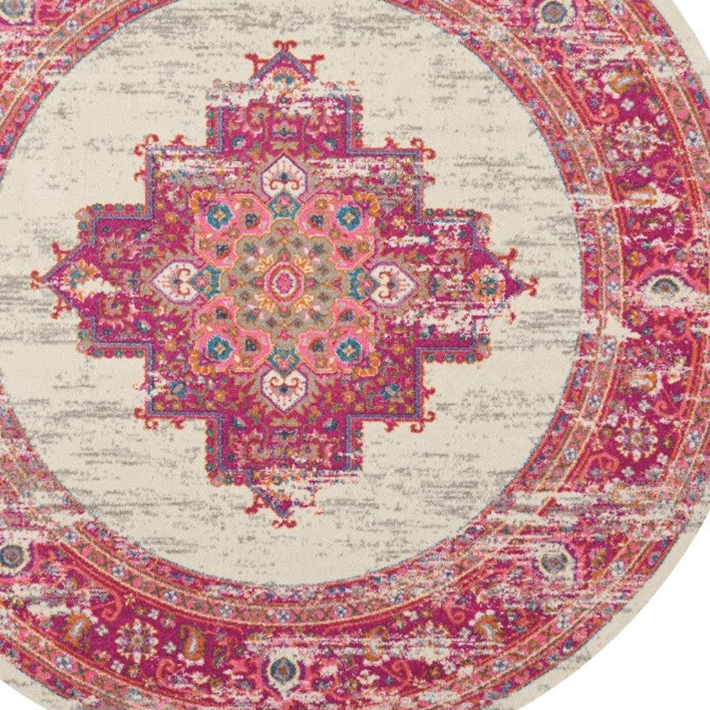 7' X 10' Ivory And Fuchsia Oriental Distressed Area Rug-Area Rugs-DECOROLALA