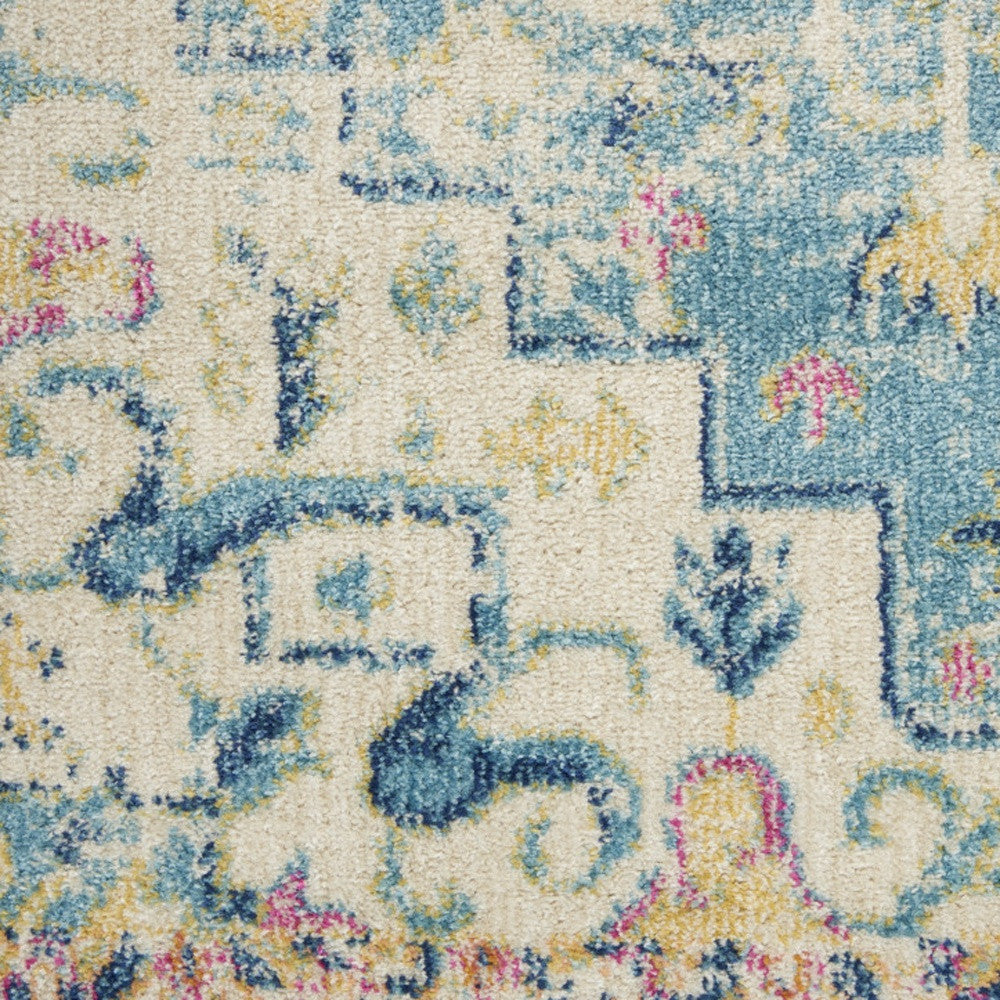 7' X 10' Ivory And Turquoise Oriental Distressed Area Rug-Area Rugs-DECOROLALA