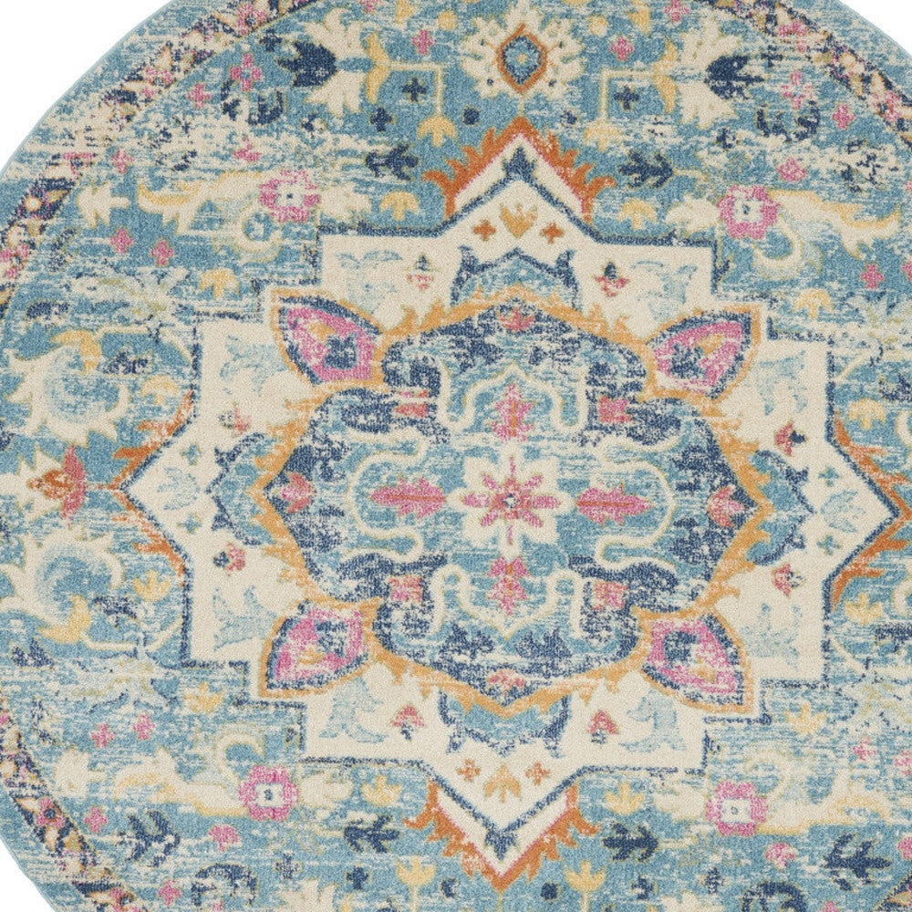 7' X 10' Ivory And Turquoise Oriental Distressed Area Rug-Area Rugs-DECOROLALA