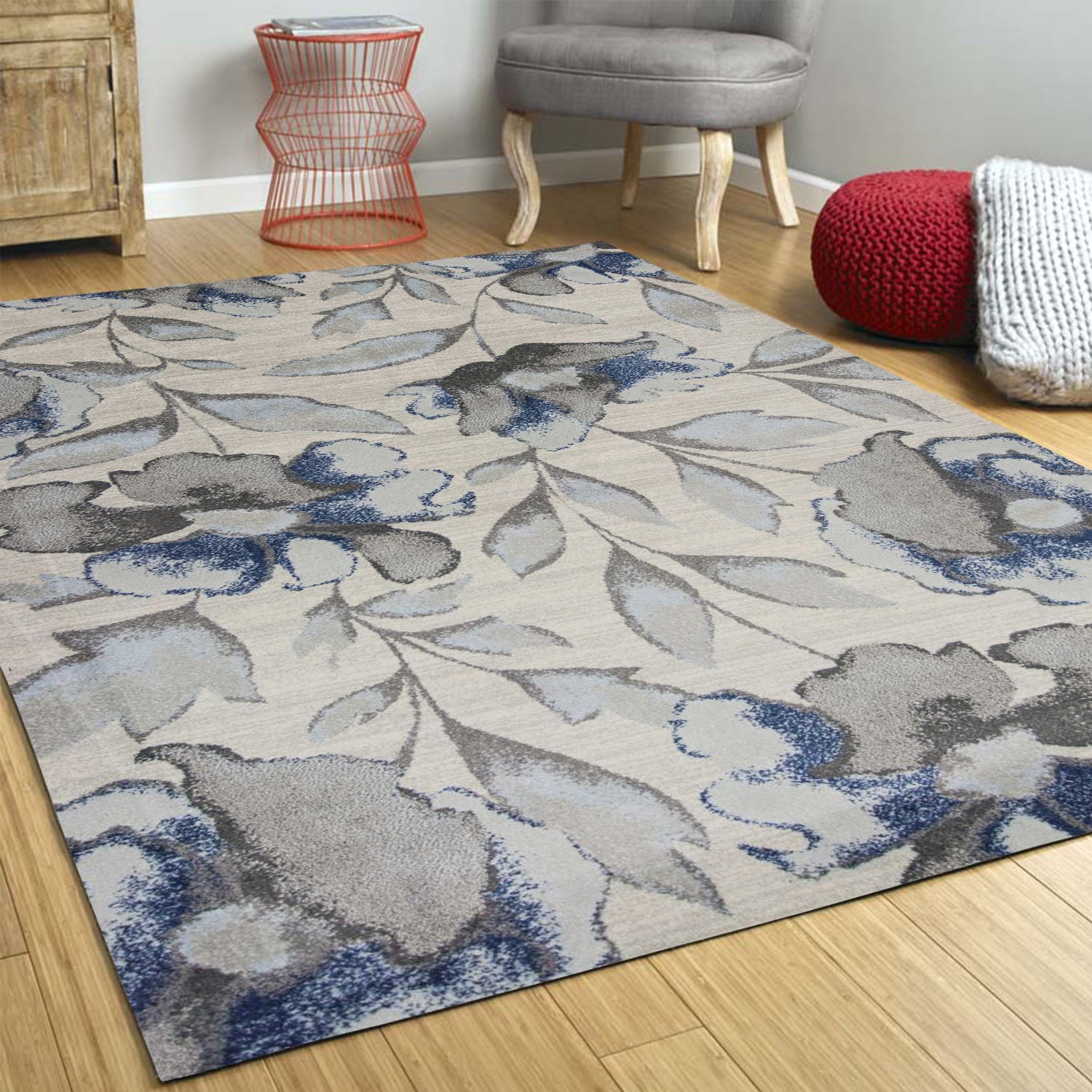 7' X 10' Ivory Blue And Gray Floral Vines Area Rug-Area Rugs-DECOROLALA