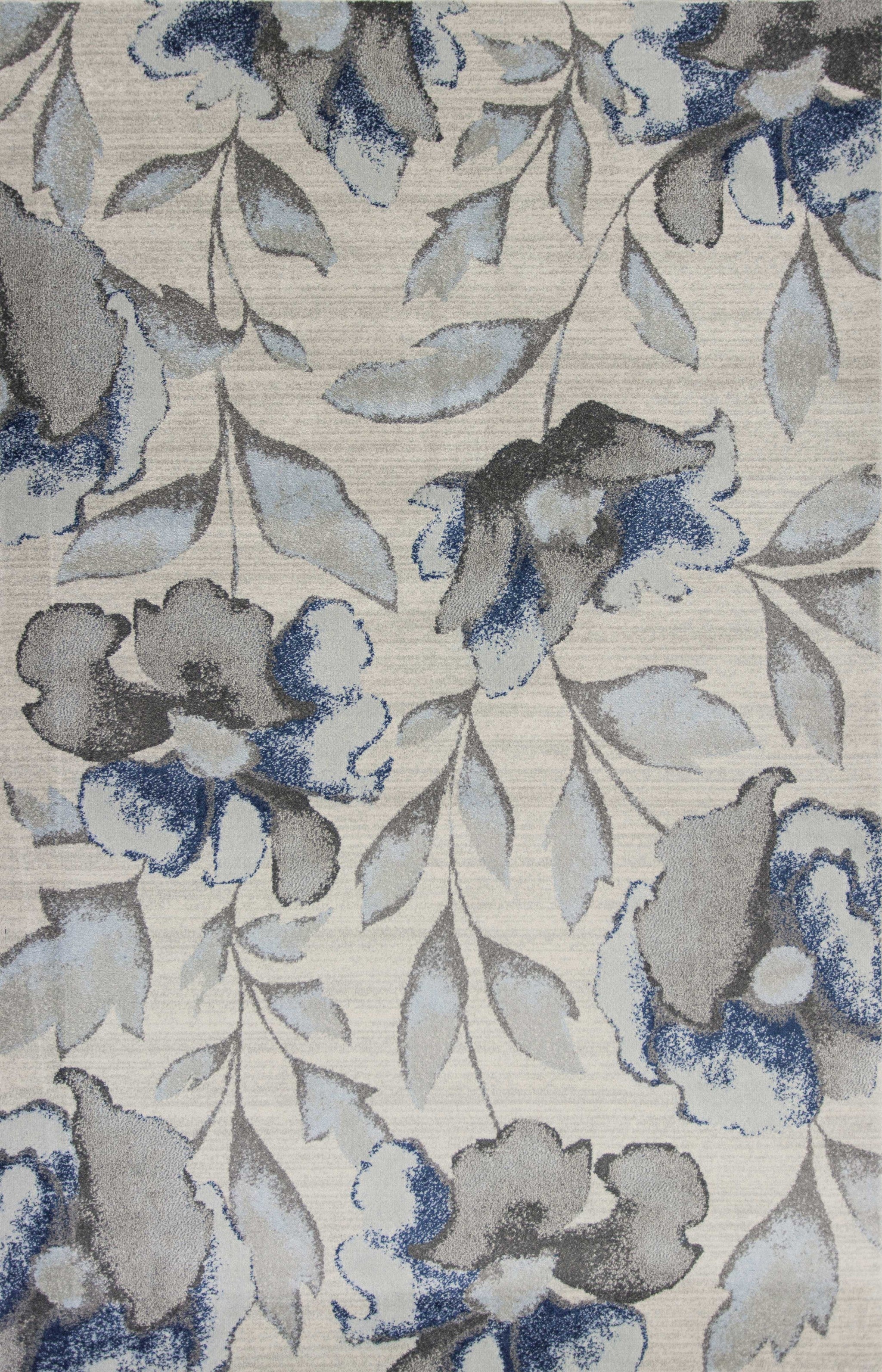 7' X 10' Ivory Blue And Gray Floral Vines Area Rug-Area Rugs-DECOROLALA