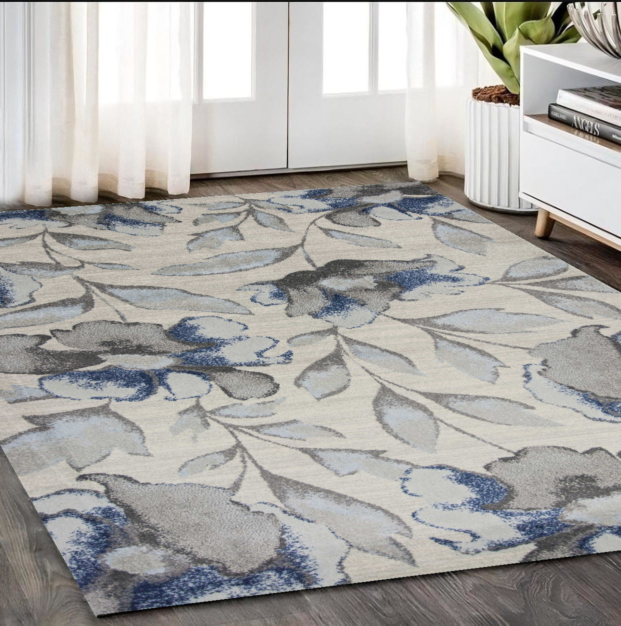 7' X 10' Ivory Blue And Gray Floral Vines Area Rug-Area Rugs-DECOROLALA