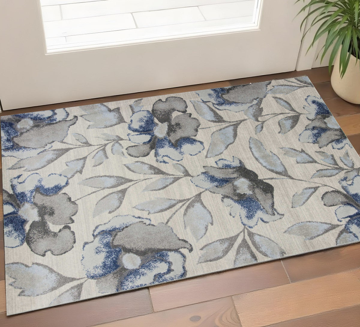 7' X 10' Ivory Blue And Gray Floral Vines Area Rug-Area Rugs-DECOROLALA