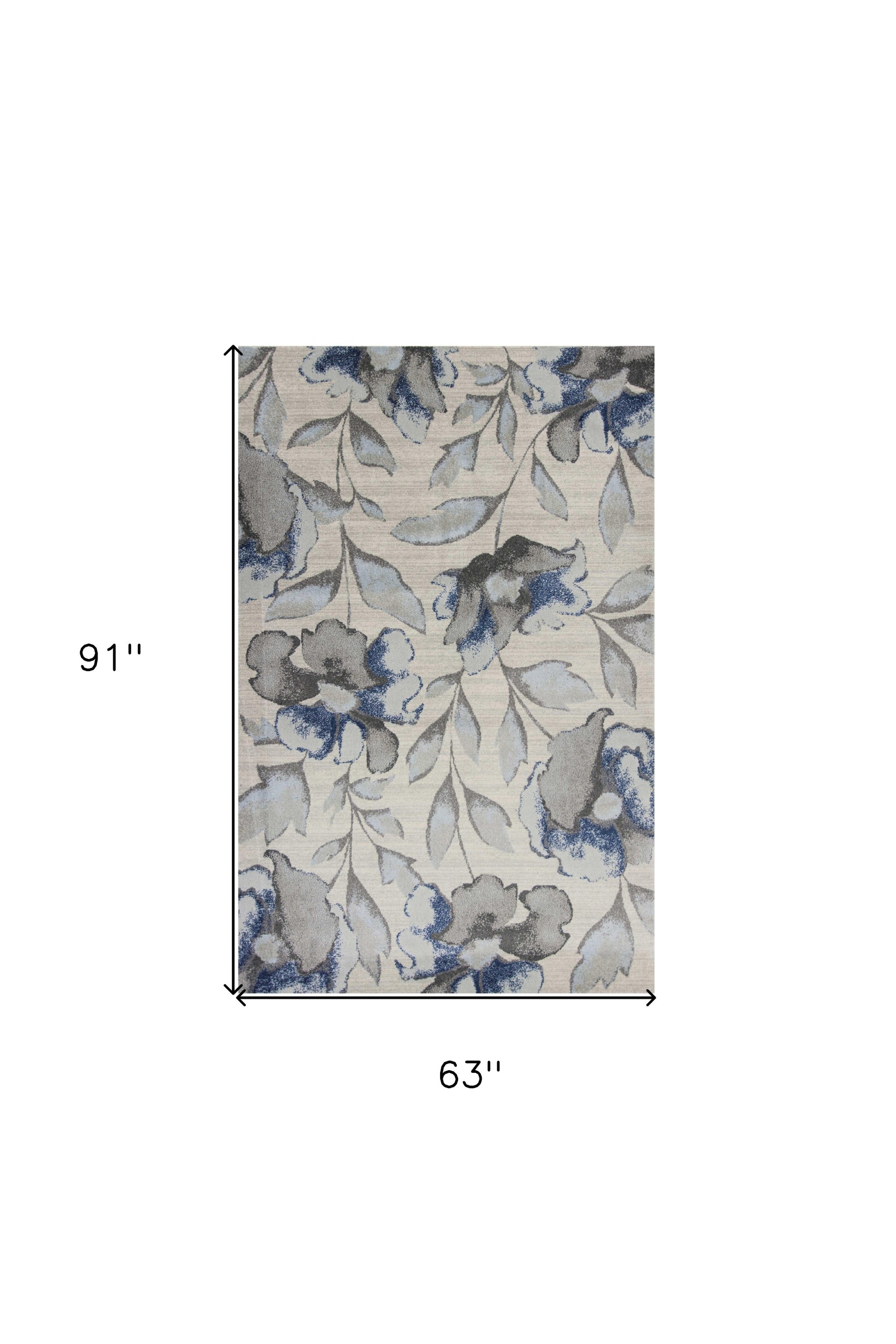 7' X 10' Ivory Blue And Gray Floral Vines Area Rug-Area Rugs-DECOROLALA