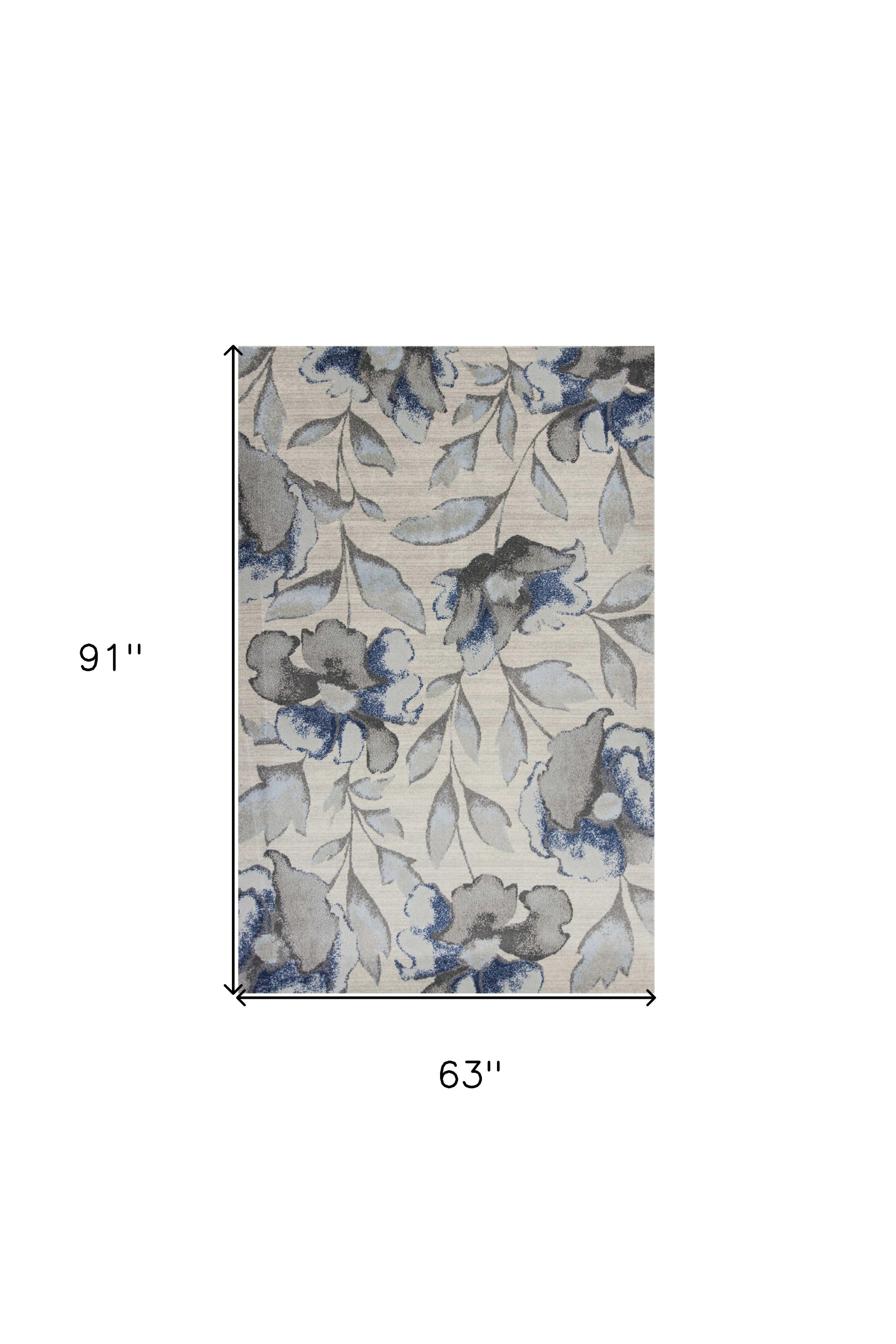 7' X 10' Ivory Blue And Gray Floral Vines Area Rug-Area Rugs-DECOROLALA