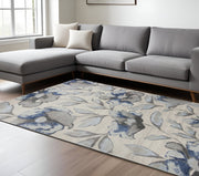7' X 10' Ivory Blue And Gray Floral Vines Area Rug-Area Rugs-DECOROLALA