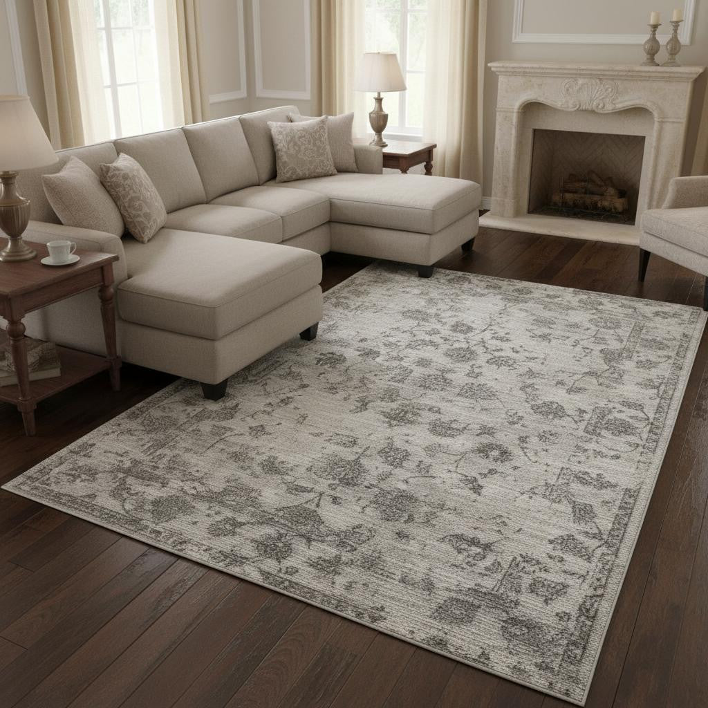 7' X 10' Ivory Gray And Brown Floral Area Rug-Area Rugs-DECOROLALA