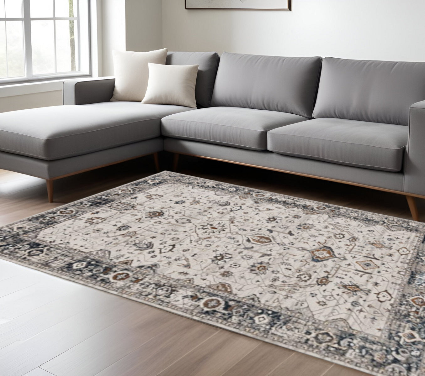 7' X 10' Ivory Gray And Brown Floral Area Rug-Area Rugs-DECOROLALA