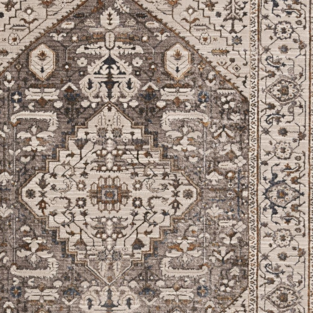 7' X 10' Ivory Gray And Brown Floral Medallion Area Rug-Area Rugs-DECOROLALA