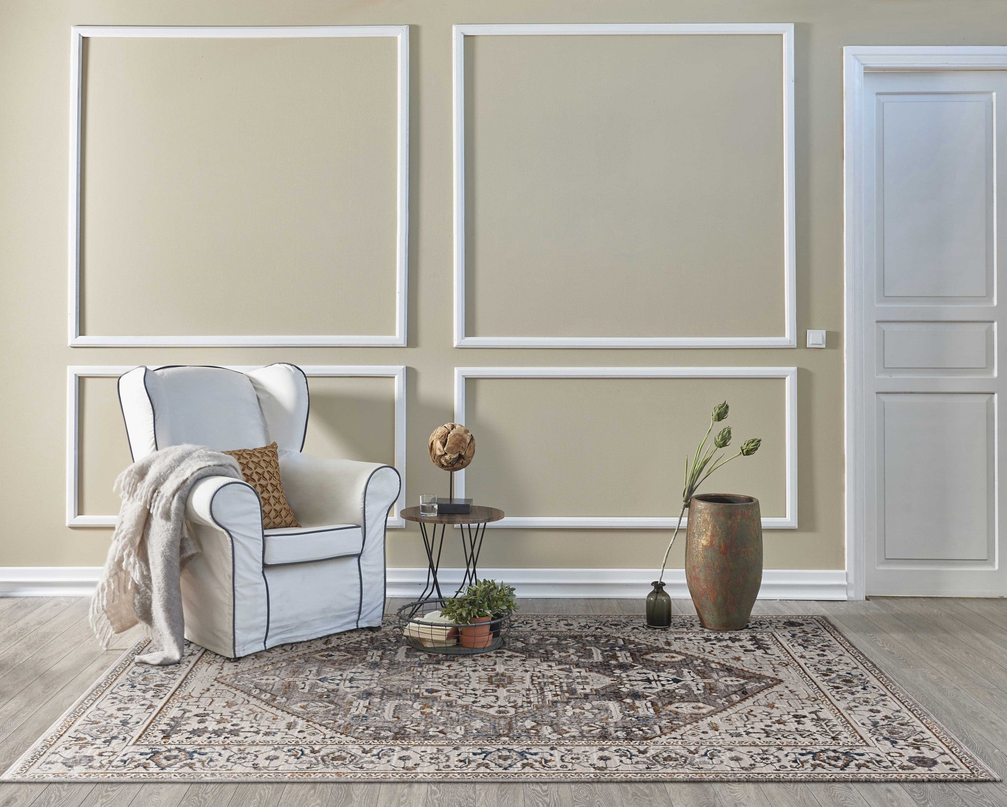 7' X 10' Ivory Gray And Brown Floral Medallion Area Rug-Area Rugs-DECOROLALA