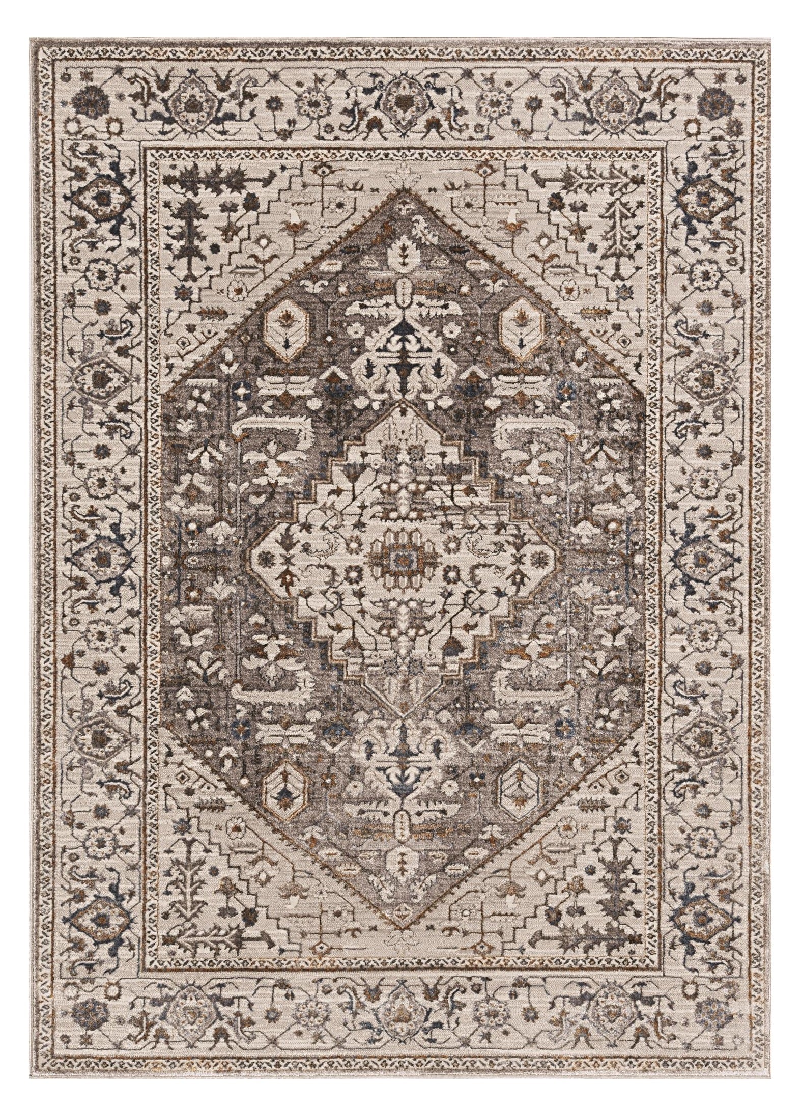 7' X 10' Ivory Gray And Brown Floral Medallion Area Rug-Area Rugs-DECOROLALA