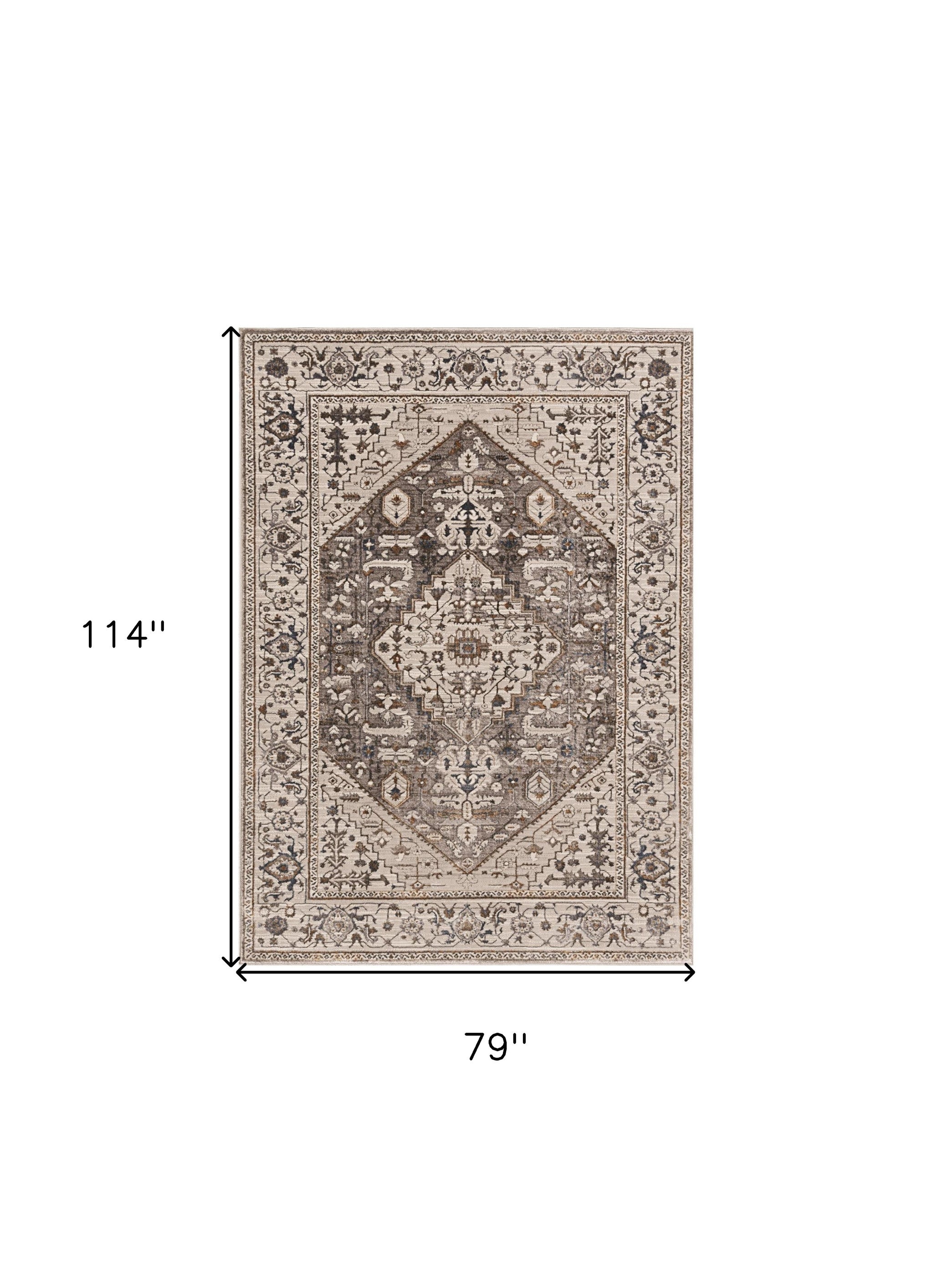 7' X 10' Ivory Gray And Brown Floral Medallion Area Rug-Area Rugs-DECOROLALA