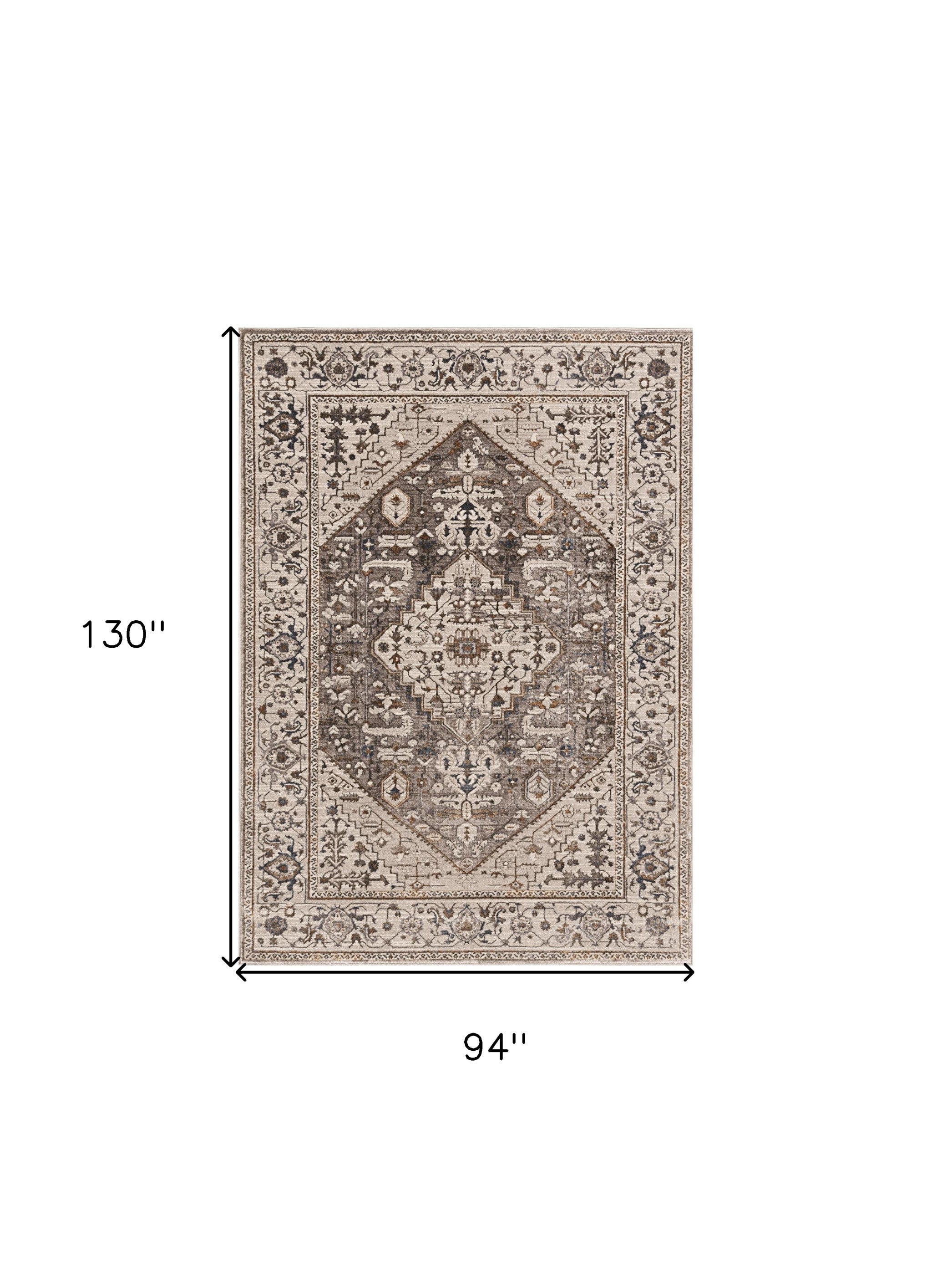 7' X 10' Ivory Gray And Brown Floral Medallion Area Rug-Area Rugs-DECOROLALA